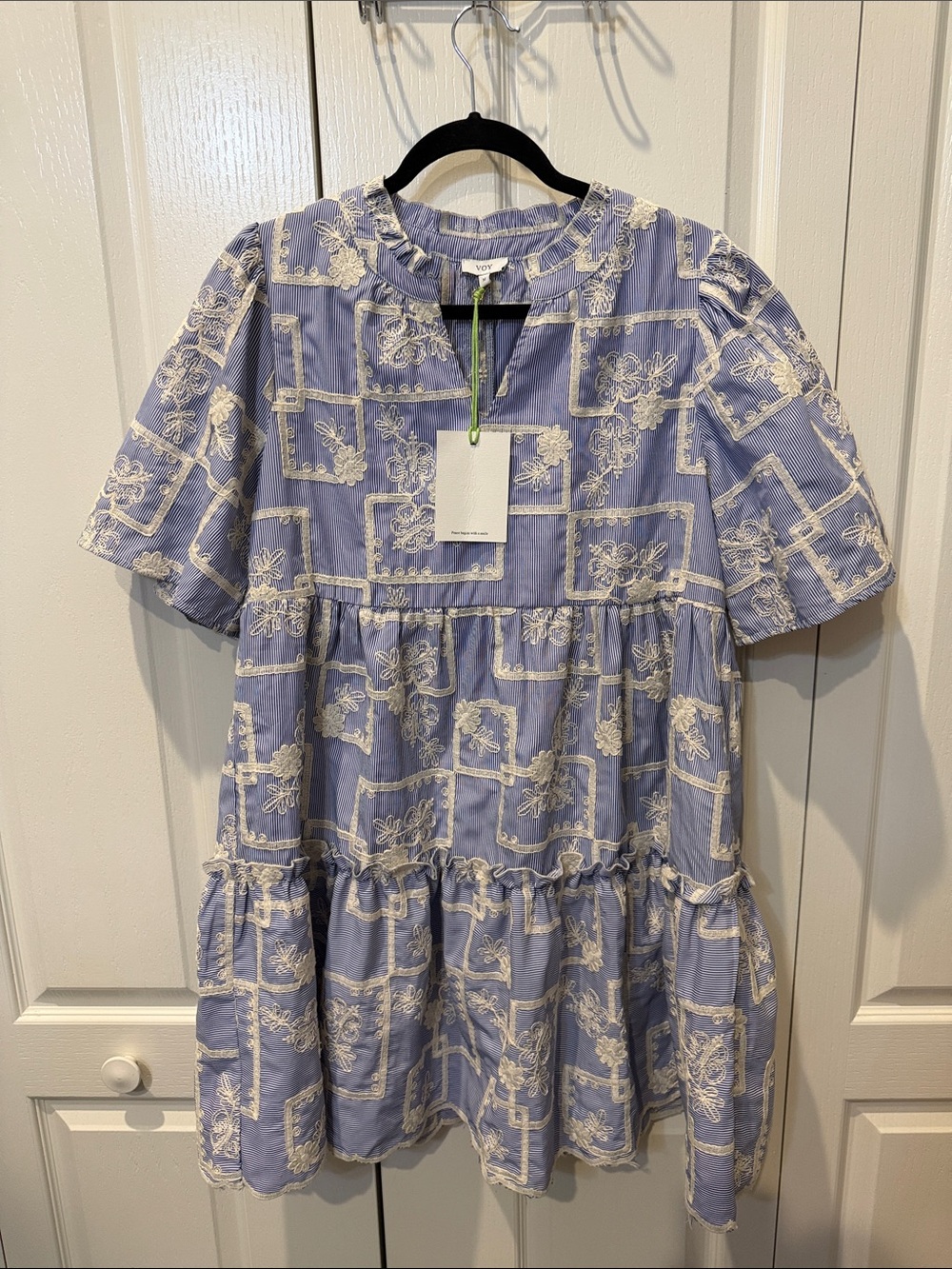 NWT VOY Blue & White Striped w/ Ivory Embroidered Mini Dress - Med